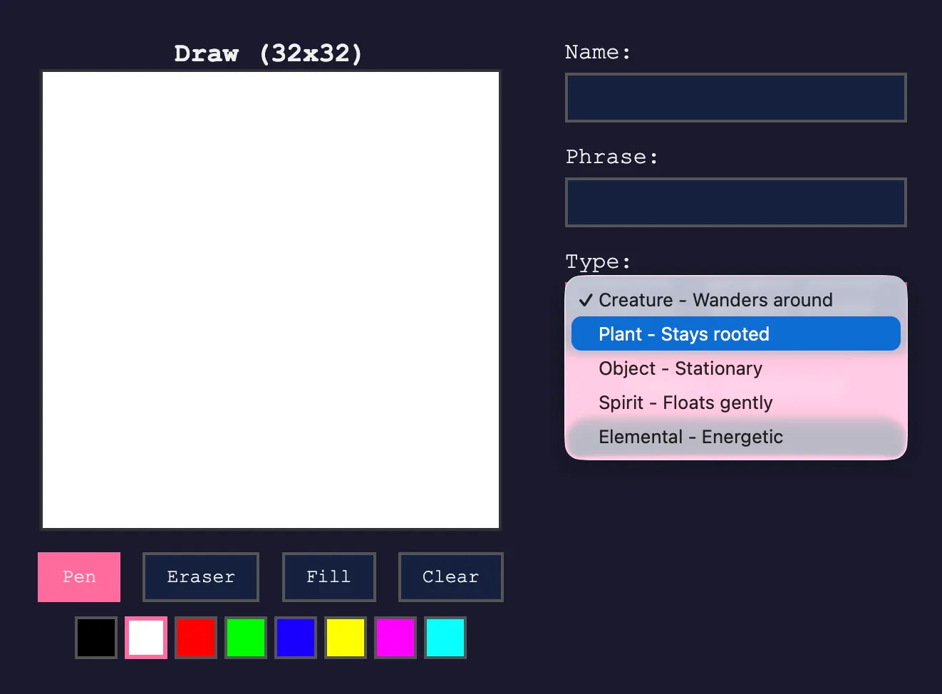 The PIGCon Plaza drawing tool: a 32-by-32 pixel canvas with pen, eraser, fill, and clear buttons and a color palette, beside fields for the creature's name, catchphrase, and a type dropdown.