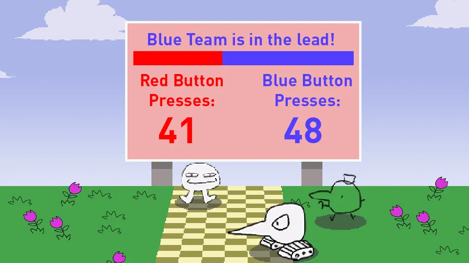 A hand-drawn mockup of the button-race scoreboard, blue team ahead