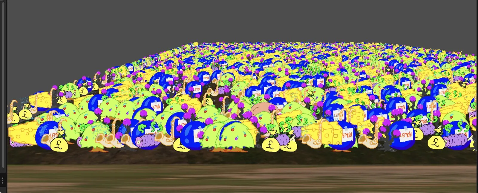 Hundreds of overlapping creatures crammed onto the screen, packed into a barely legible mass