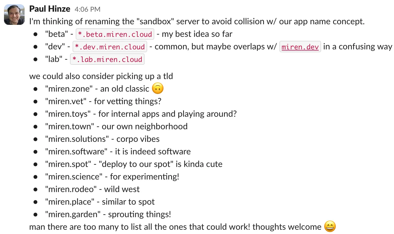 Slack message listing brainstormed domain names including miren.zone, miren.toys, miren.rodeo, and miren.garden