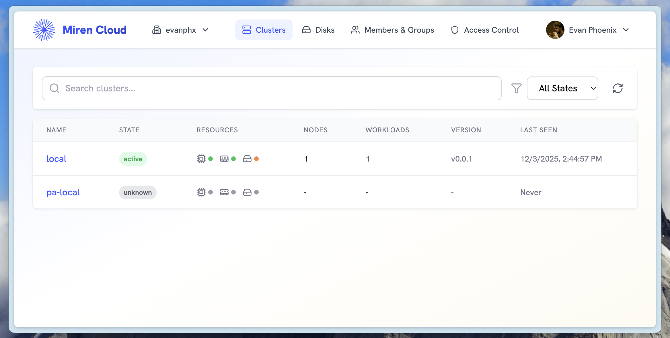 Example cluster screenshot